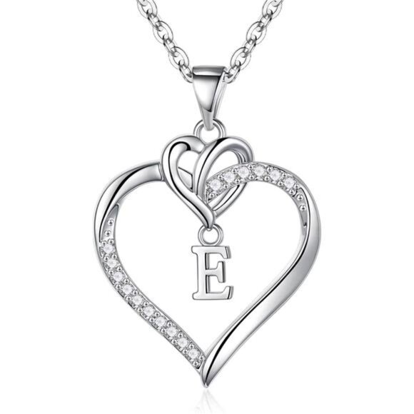 Heart Initial Necklaces for Women Girls Silver E - Picture 1 of 7